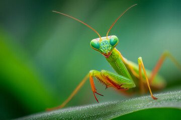 Intriguing praying mantis portrait on vibrant green leaf, its striking eyes and intricate details creating a captivating natural history moment for educational and scientific use