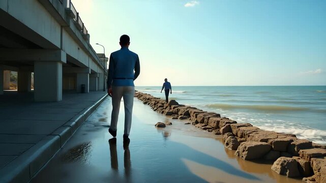 Government officials inspecting flooded coastline infrastructure damage caused by extreme storm surge and rising sea levels along vulnerable shorefront areas in  Photo Stock  Concept  and empty space 