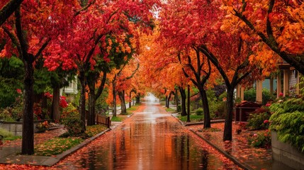 A street lined with trees in autumn, with red and orange leaves, and a rain-soaked sidewalk.