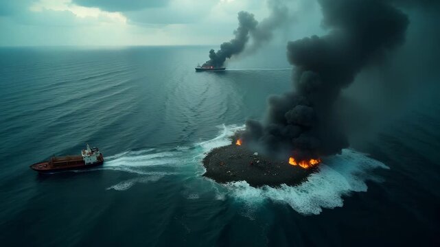 Aerial view of chaotic ocean disaster scene with overturned vessels debris field and emergency response boats navigating turbulent waters under stormy sky in  Photo Stock  Concept  and empty space on 