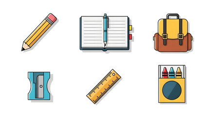 A vibrant set of educational supply icons for back to school concepts, featuring a pencil, notebook, ruler, and backpack in a colorful flat line art style