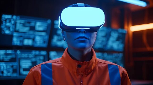 Person wearing a virtual reality headset with a glowing blue visor stands in a dimly lit room with multiple monitors displaying data in the background showing a futuristic technology concept