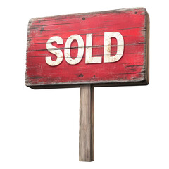 A rustic red wooden sign with the word sold in white letters, isolated on transparent background, suggesting a completed transaction or a successful sale