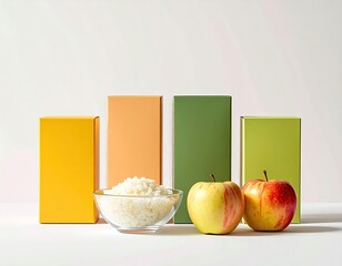 Rice, apples, and colored boxes against a white backdrop