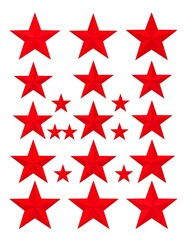 Obraz premium Rows of bright red 3D stars of varying sizes, arranged on a white background