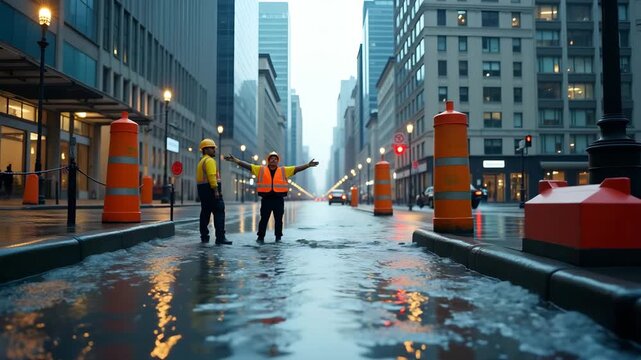 City engineers inspecting water surge city defenses by testing surge barriers tide gates and storm drain capacity ahead of predicted cyclonic weather event in  Photo Stock  Concept  and empty space on