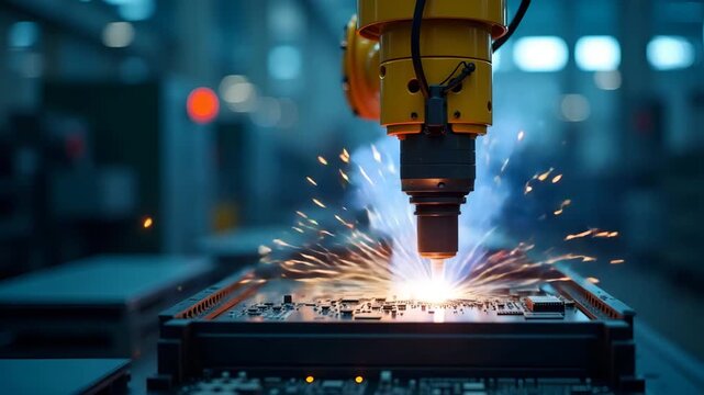 Technical photographers documenting factory scene Asia assembly lines capturing robotic arms welding components in electronics manufacturing plants in  Photo Stock  Concept  and empty space on the lef