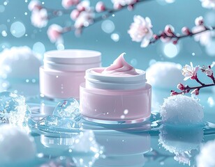Pink cream jars with blossoms, light blue background