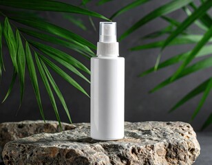 White bottle on rock with tropical greenery background