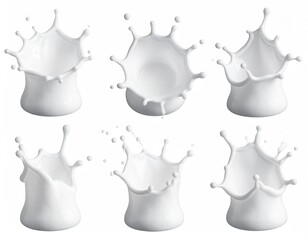 White fluid splash collection; six views, isolated