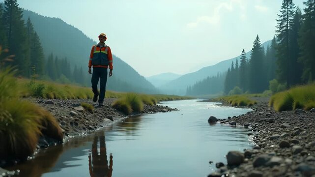 Environmentalist inspecting polluted river stretch downstream factory discharge comparing to upstream clean water zone in  Photo Stock  Concept  and empty space on the left side