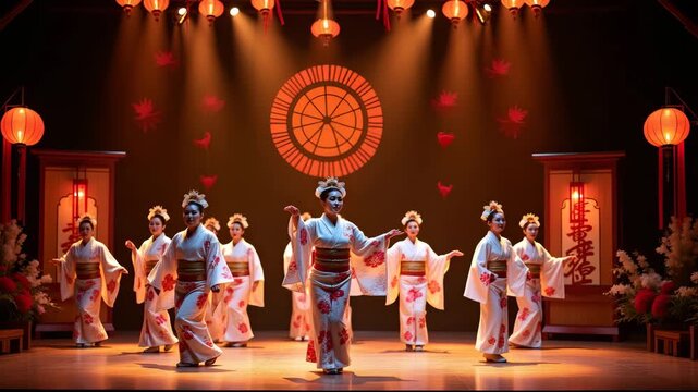 Elegant performers in vibrant yukata and ornate obi dance across Obon celebration stage adorned with lanterns and floral decorations for cultural showcase. in  Photo Stock  Concept  and empty space on