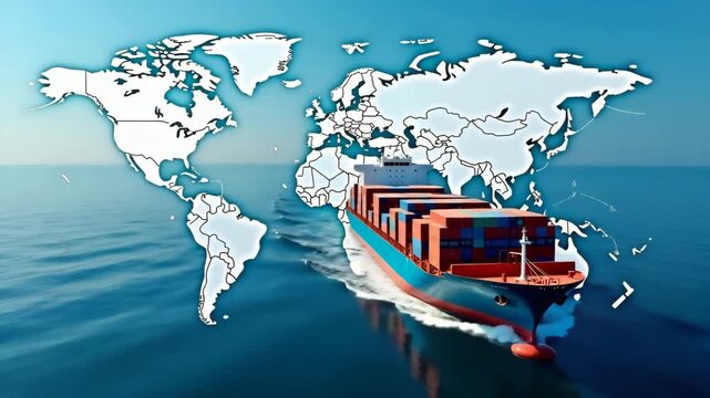 Transatlantic commerce concept image showing container ship crossing ocean overlayed with trade route map connecting Europe and North America in  Photo Stock  Concept  and empty space on the left side