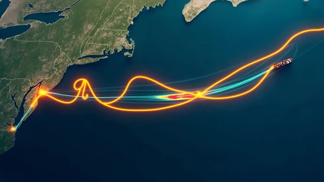 Satellite view of maritime highways superimposed with route tension indicators and port congestion heatmaps illustrating trade route tension impacting global shipping efficiency in  Photo Stock  Conce