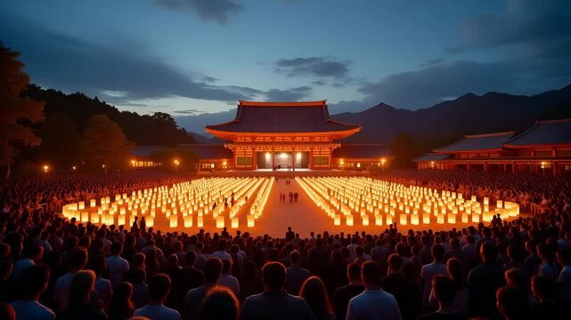 Crowd view of traditional Japanese cultural heritage festival featuring dance performances lantern displays and communal gatherings beneath twilight sky in  Photo Stock  Concept  and empty space on th