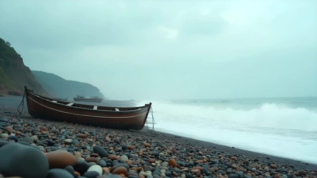 Small fishing boats thrown ashore by massive wave impact images showing overturned vessels scattered across rocky beach desolate aftermath portrait in  Photo Stock  Concept  and empty space on the lef