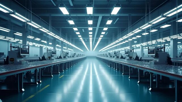 Empty factory floor with halted assembly lines illustrating manufacturing slowdown effect on production output with silent machines conveyors idle under fluorescent lighting in  Photo Stock  Concept  