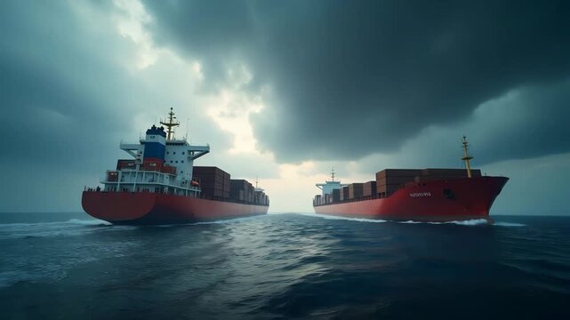 Photorealistic image depicting trade conflict with two cargo ships maneuvering under stormy skies symbolizing international dispute and economic rivalry on high seas in  Photo Stock  Concept  and empt