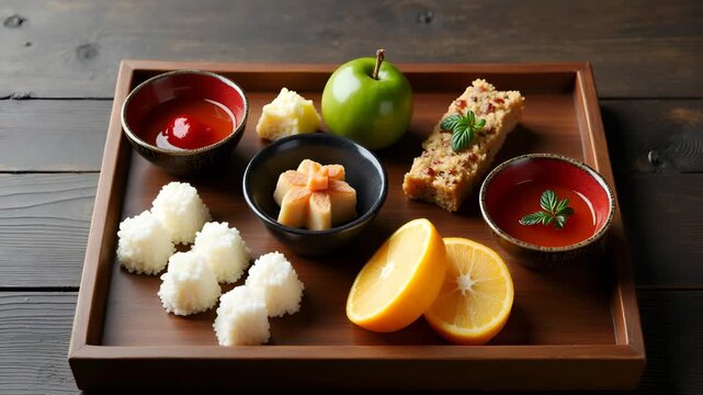 Close?up flat lay of assorted Obon ritual food offerings including rice balls seasonal fruits sweet cakes and ceremonial sake cups on wooden tray in  Photo Stock  Concept  and empty space on the left 