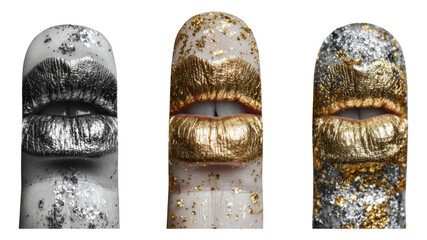 Artistic Representation of Glossy Lips with Gold and Silver Glitter Background