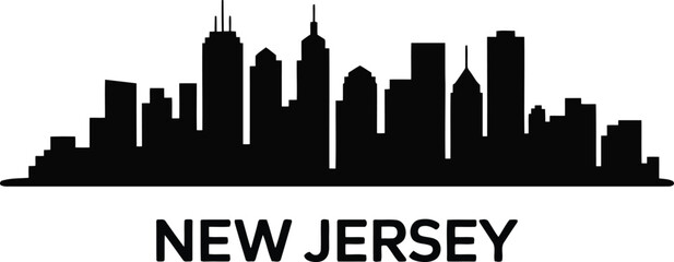Black silhouette of a city skyline with the words New Jersey below buildings