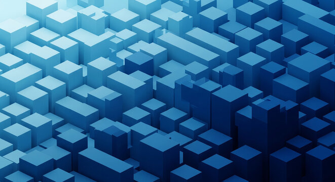 Dynamic abstract digital landscape of varying blue geometric blocks, creating a futuristic cityscape or complex data visualization texture, ideal for technology backgrounds and modern design