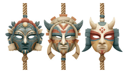 Colorful Tribal Masks with Unique Designs and Details on Isolated Background