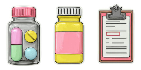 Colorful Medicine Bottles and Clipboard Icon on Transparent Background