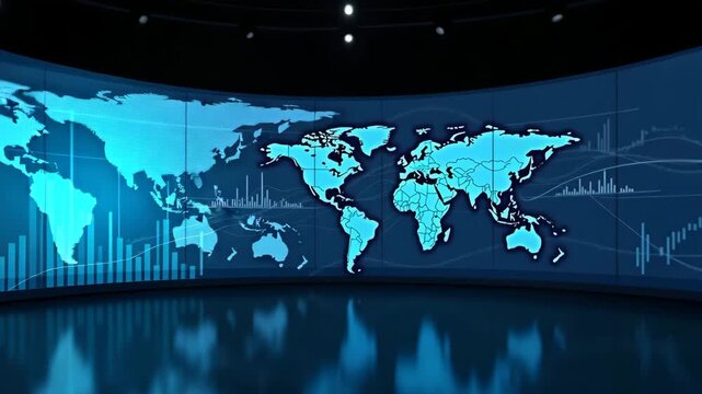 Dynamic economic news visual incorporating bar charts line graphs and world map overlays projected on LED studio backdrop for newsroom broadcast in  Photo Stock  Concept  and empty space on the left s