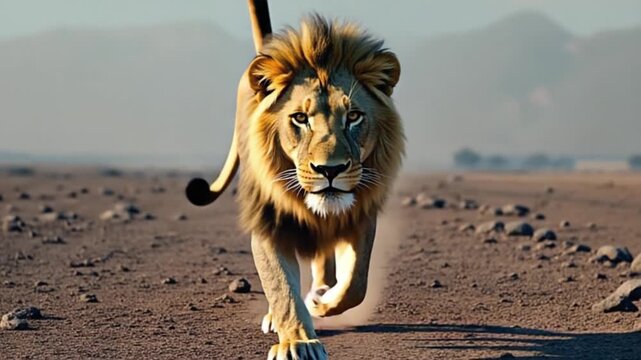 A majestic lion walking directly toward the viewer on a dry dusty plain under a bright sky day view lion video