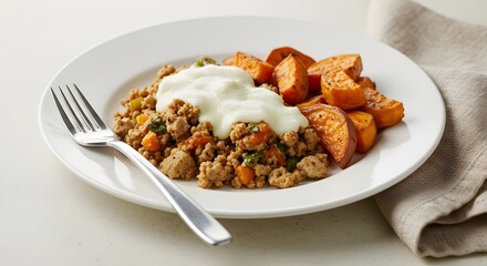 Plate of food with ground meat, mashed white substance, and sweet potato pieces