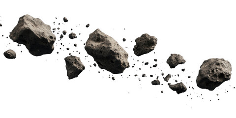Scattered asteroids isolated on transparent background, creating a cosmic debris field, perfect for spacethemed designs or educational materials about celestial objects