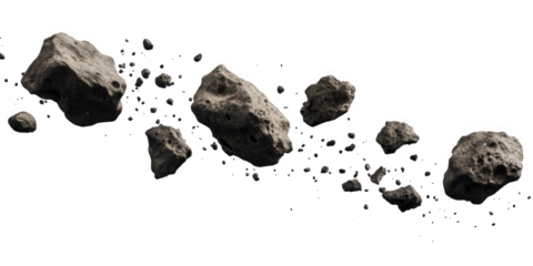 Scattered asteroids isolated on transparent background, creating a cosmic debris field, perfect for spacethemed designs or educational materials about celestial objects