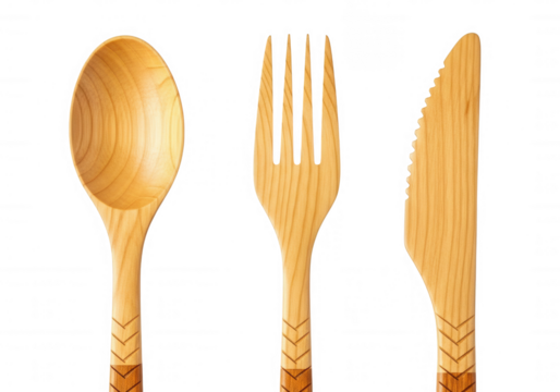 Wooden cutlery set with carved details isolated on a transparent background