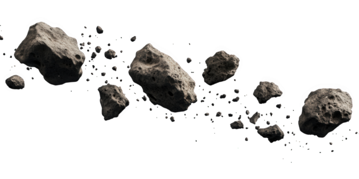 Scattered asteroids isolated on transparent background, creating a cosmic debris field, perfect for spacethemed designs or educational materials about celestial objects