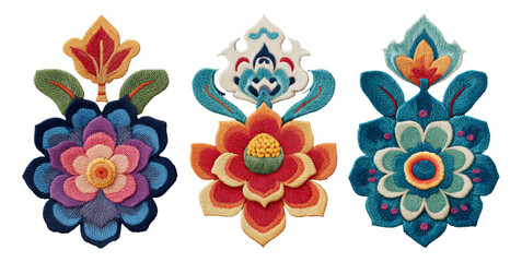 Vibrant Floral Embroidery Designs with Colorful Patterns on Transparent Background
