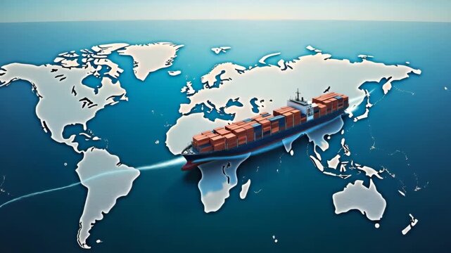 Transatlantic commerce concept image showing container ship crossing ocean overlayed with trade route map connecting Europe and North America in  Photo Stock  Concept  and empty space on the left side