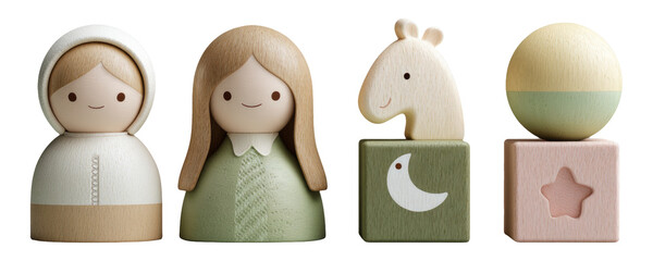 Colorful Wooden Toys for Children Featuring Adorable Character Designs and Shapes
