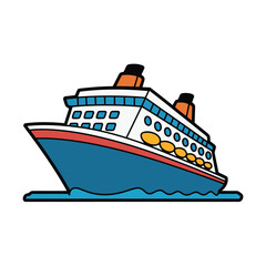 Obraz premium Cartoon cruise ship with blue hull and orange smokestacks sailing on wavy blue water boat vessel