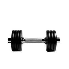 Naklejka premium A sleek black dumbbell isolated on transparent background, designed for strength training, showcasing its knurled handle and weighted plates, perfect for fitness enthusiasts