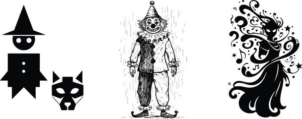 Stylized character illustrations of geometric witch, dramatic clown, and abstract fairy, fantasy and Halloween vector art for whimsical, magical, and theatrical stock content