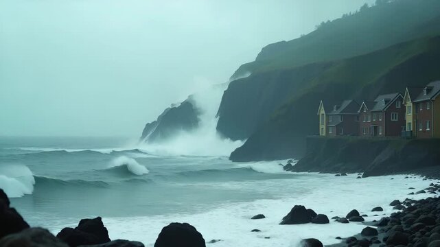 Emotive still of tragic wave moment with colossal water wall approaching coastal town and terrified residents desperately seeking higher ground in  Photo Stock  Concept  and empty space on the left si