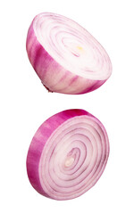 A set of one Spanish onion or red onion slice and halved bulb isolated with clipping path in png file format