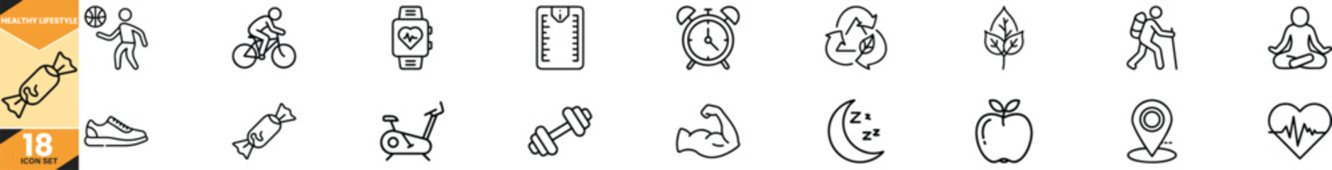 Healthy lifestyle icons set representing nutrition exercise and wellness concepts vector