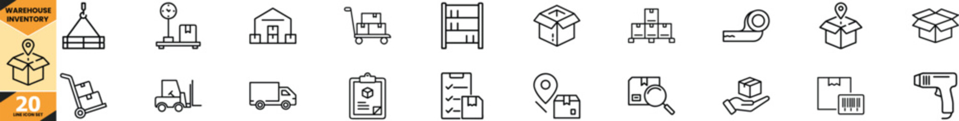 Warehouse inventory line icon set for logistics and supply chain management vector