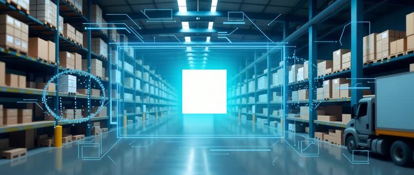 Photo realistic as Warehouse interface and logistics analytics icon with blank area for personalized messages concept as A customizable warehouse interface and logistics analytics icon featuring a bla