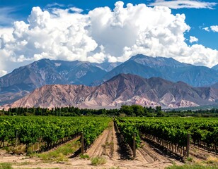 Naklejka premium Rows of green grape vines lead towards distant mountains, bathed in sunlight under a cloudy sky