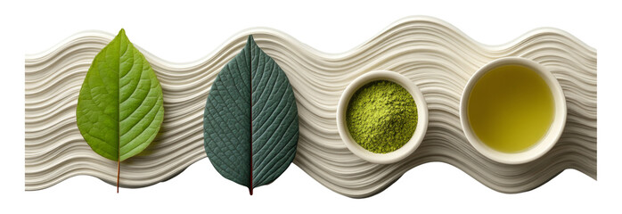 Isolated Green Leaves and Matcha Powder with Olive Oil on Textured Background