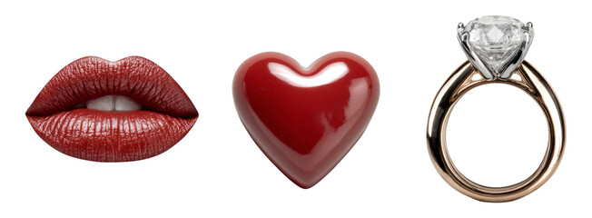 Isolated Collection of Red Lips, Heart Shape, and Ring on Transparent Background
