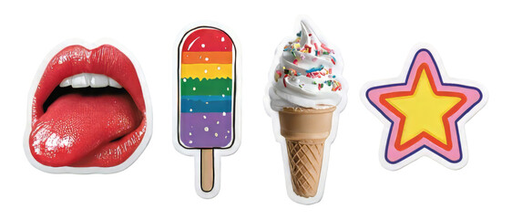 Colorful and Fun Icons Representing Summer Treats and Playful Expressions